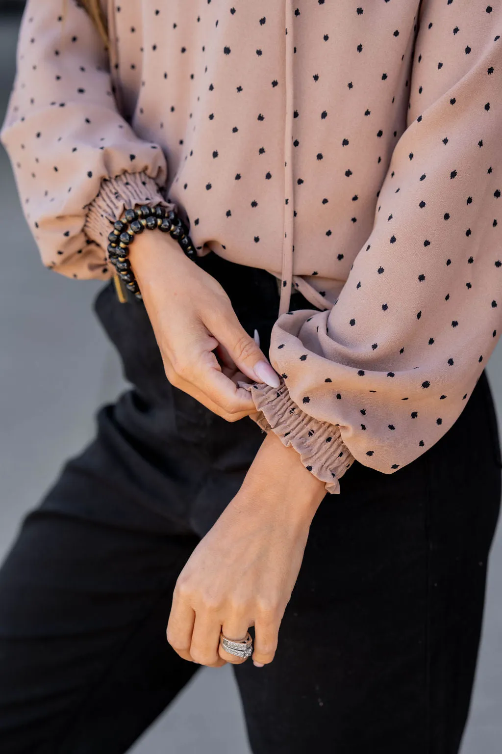 Polka Dottie Cinched Trim Blouse