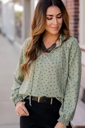 Polka Dottie Cinched Trim Blouse