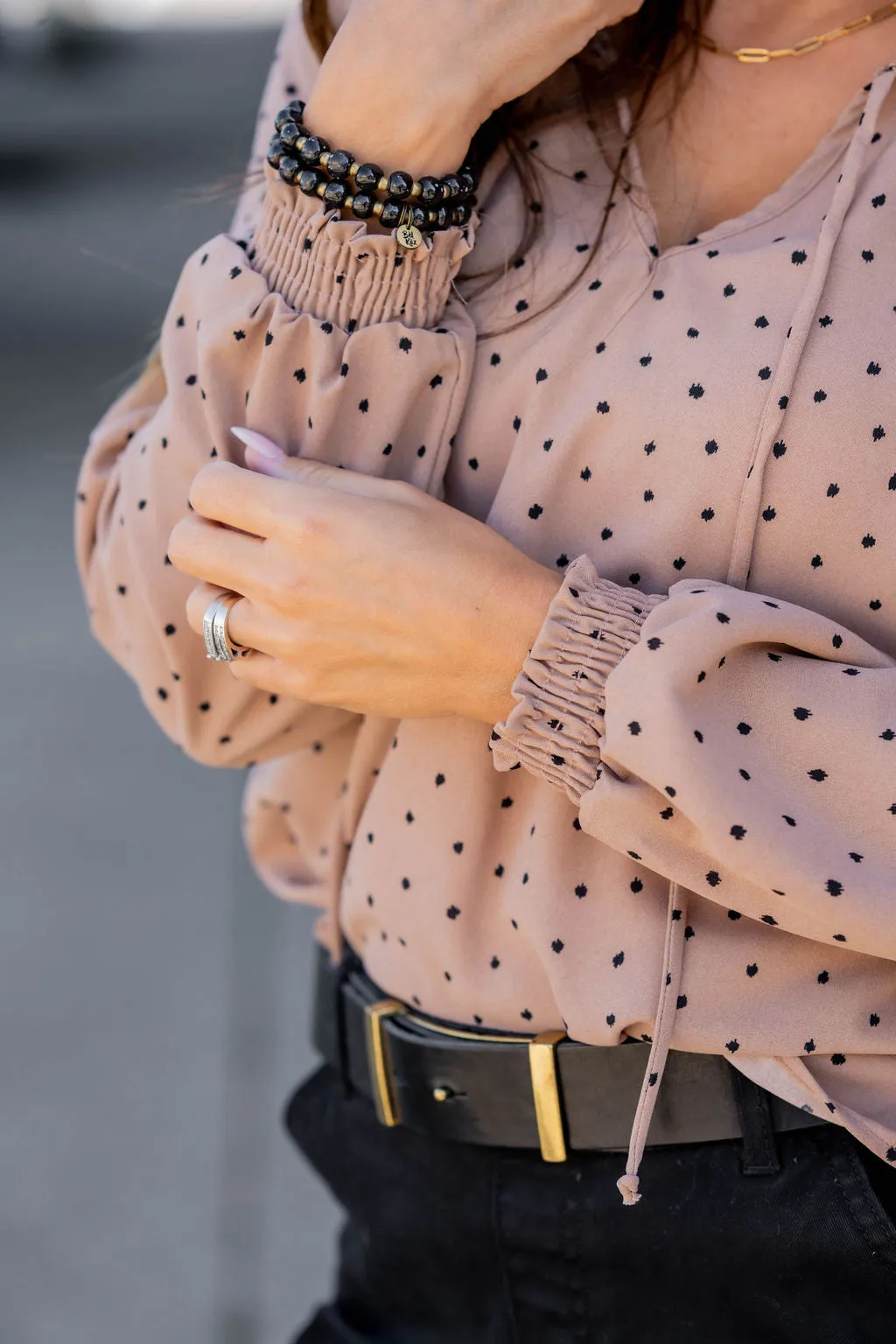 Polka Dottie Cinched Trim Blouse