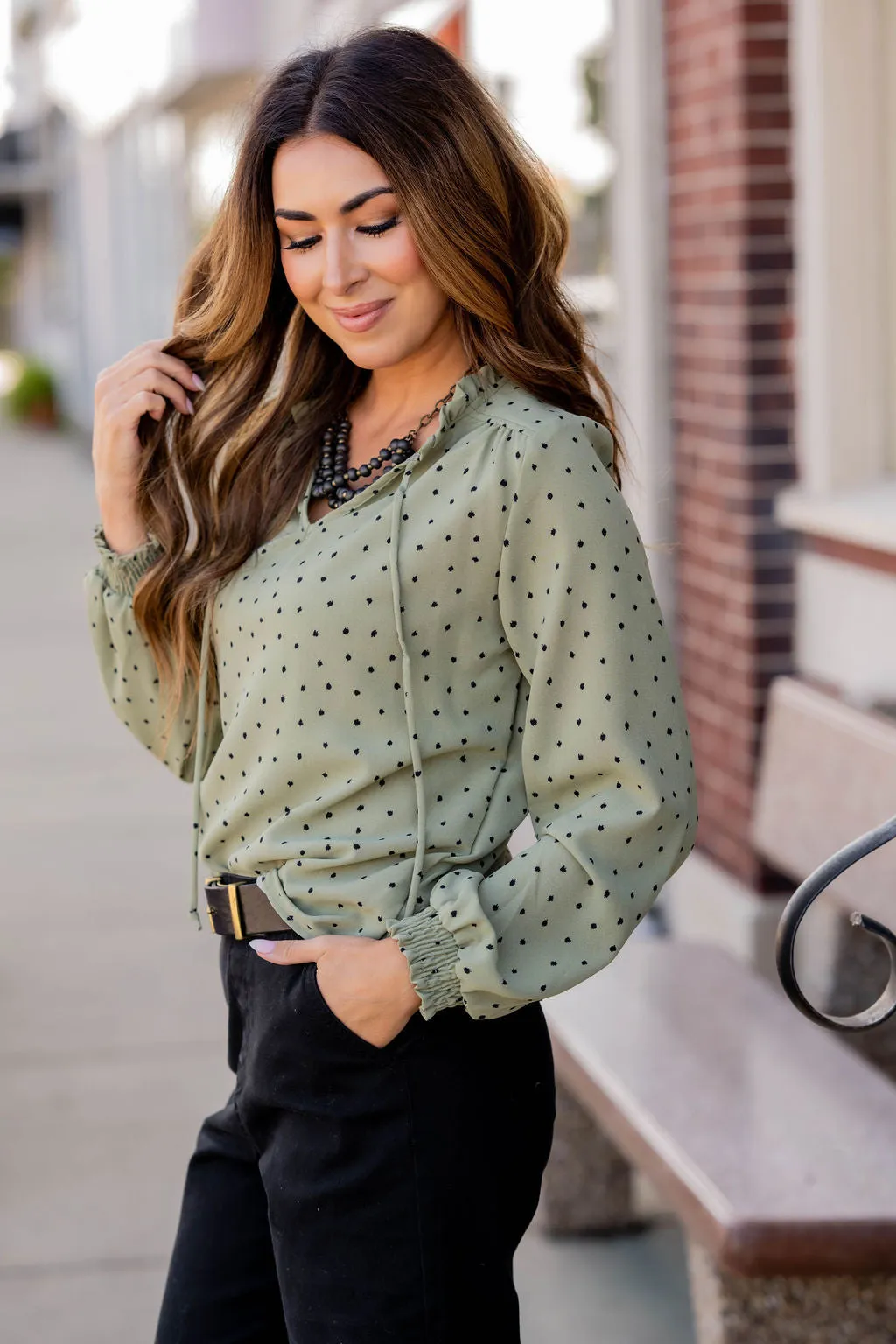 Polka Dottie Cinched Trim Blouse