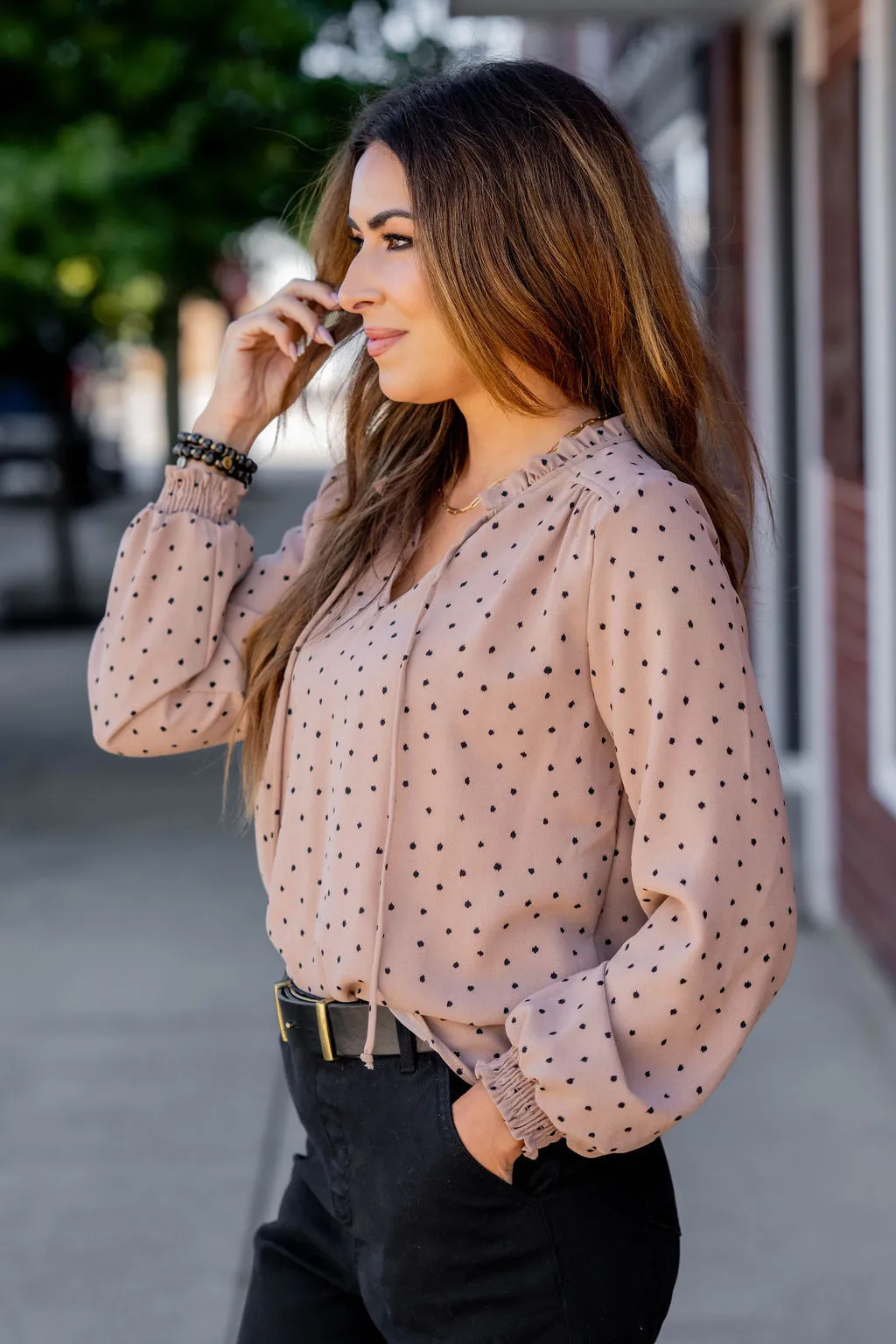 Polka Dottie Cinched Trim Blouse