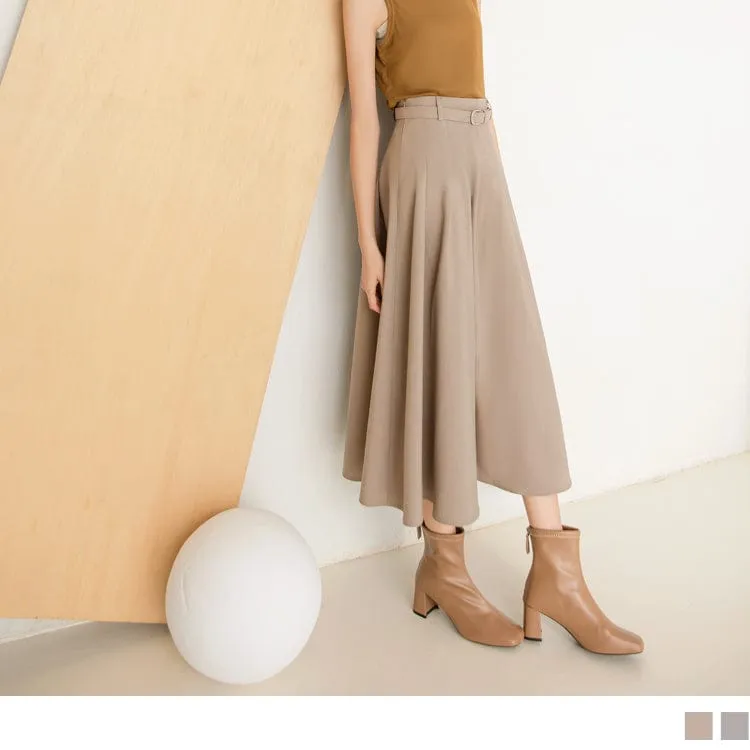 PURE COLOR PLEAT A-LINE MAXI SKIRTS WITH BELT