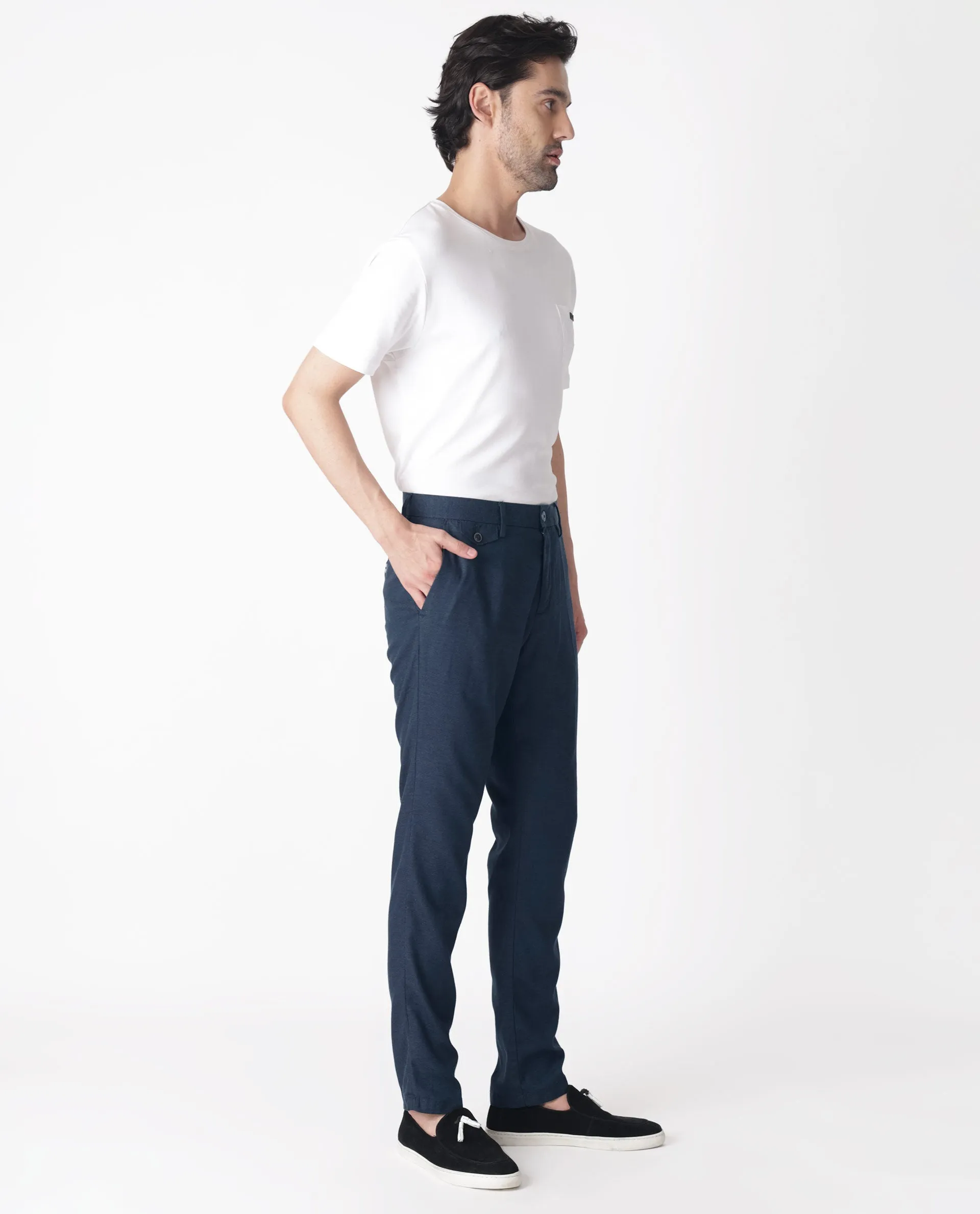 Rare Rabbit Men'S Cameos Navy Solid Mid-Rise Regular Fit Trouser