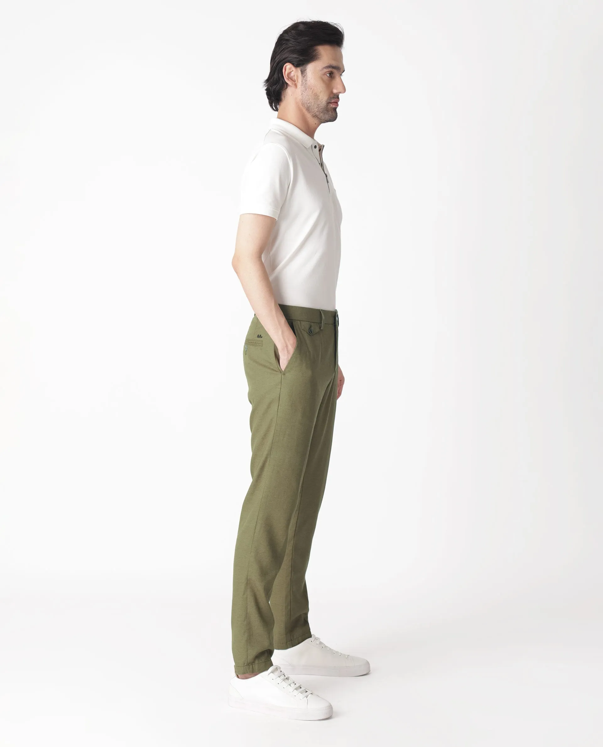 Rare Rabbit Men's Cameos Olive Solid Mid-Rise Regular Fit Trouser