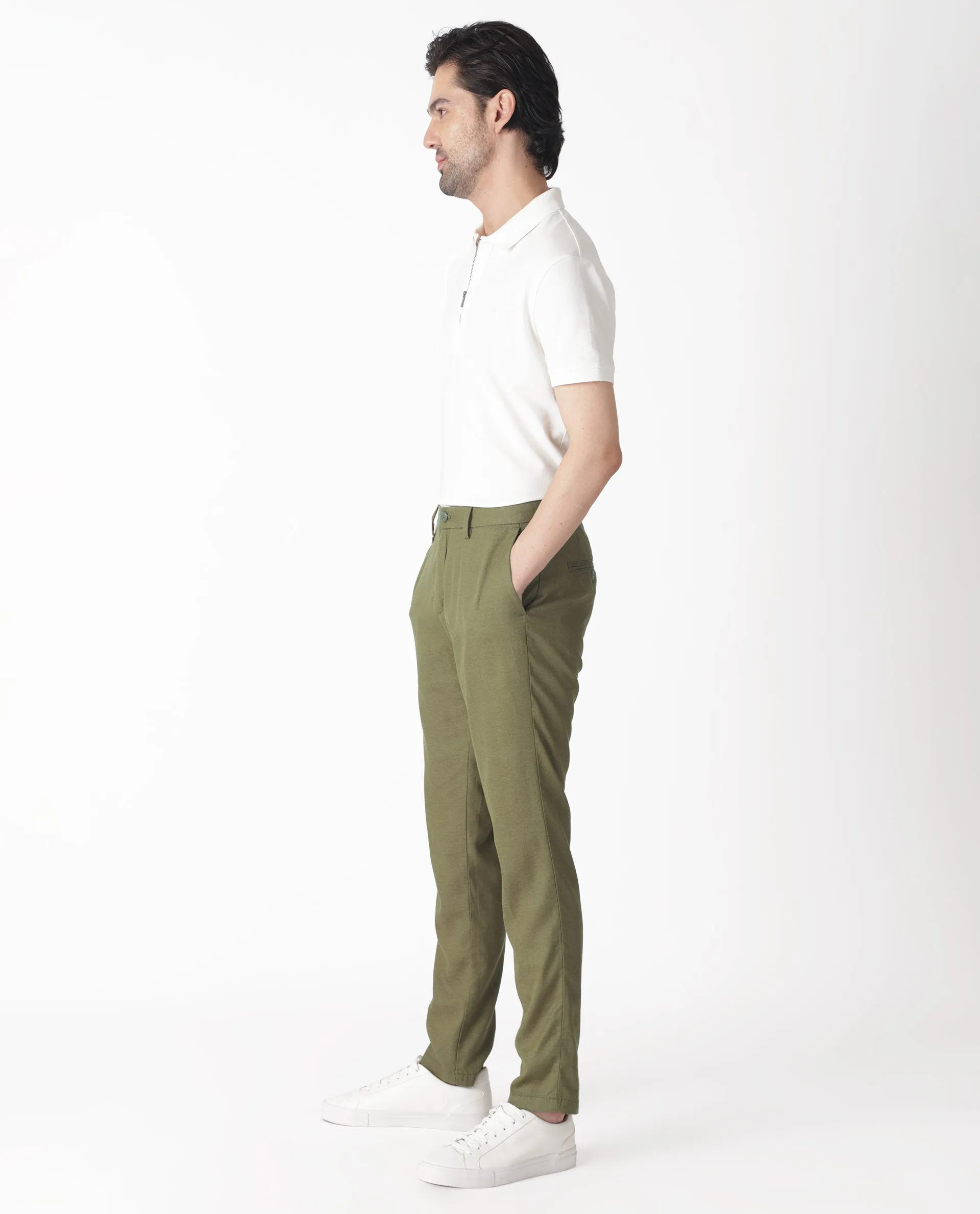 Rare Rabbit Men's Cameos Olive Solid Mid-Rise Regular Fit Trouser