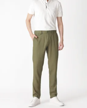 Rare Rabbit Men's Cameos Olive Solid Mid-Rise Regular Fit Trouser