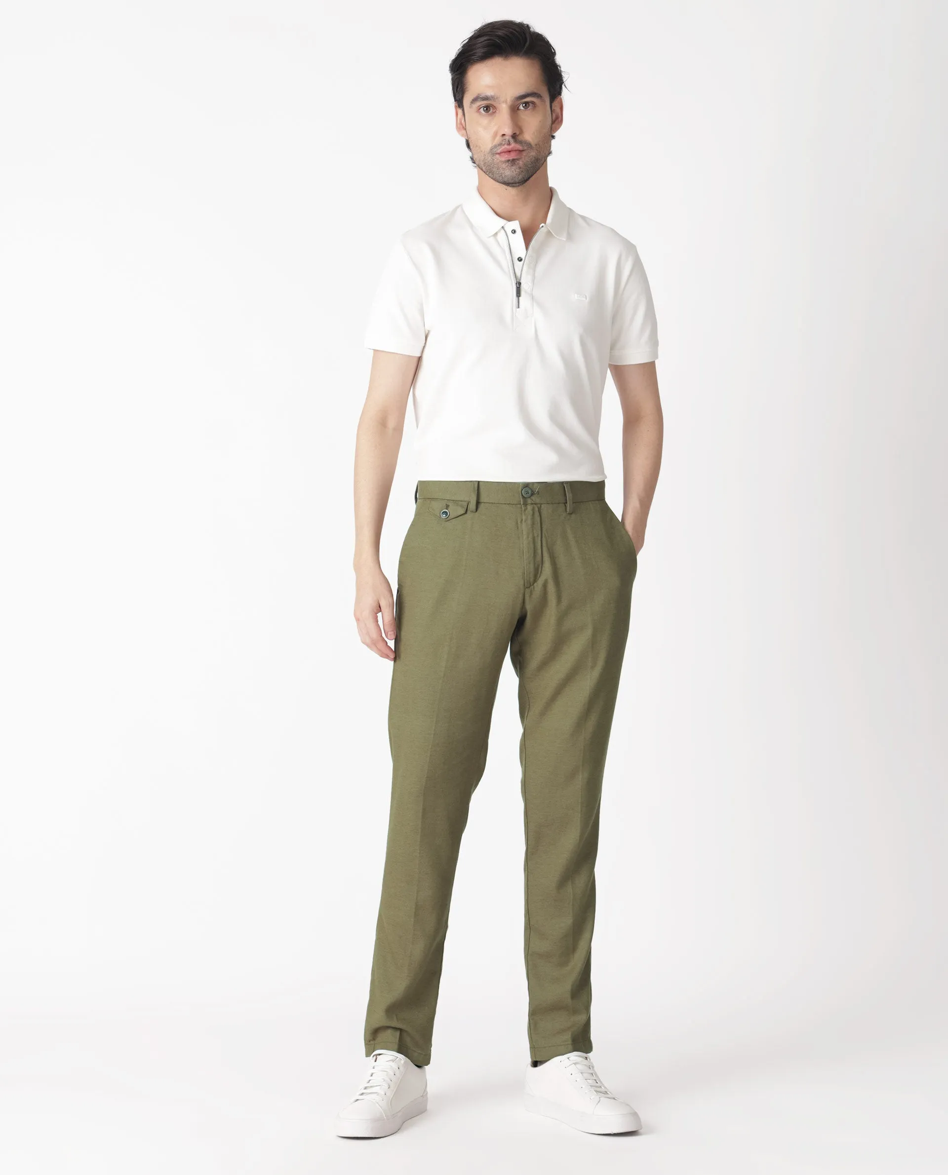 Rare Rabbit Men's Cameos Olive Solid Mid-Rise Regular Fit Trouser