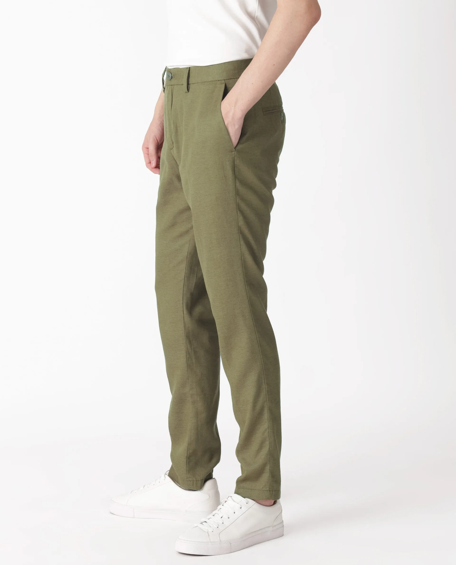 Rare Rabbit Men's Cameos Olive Solid Mid-Rise Regular Fit Trouser