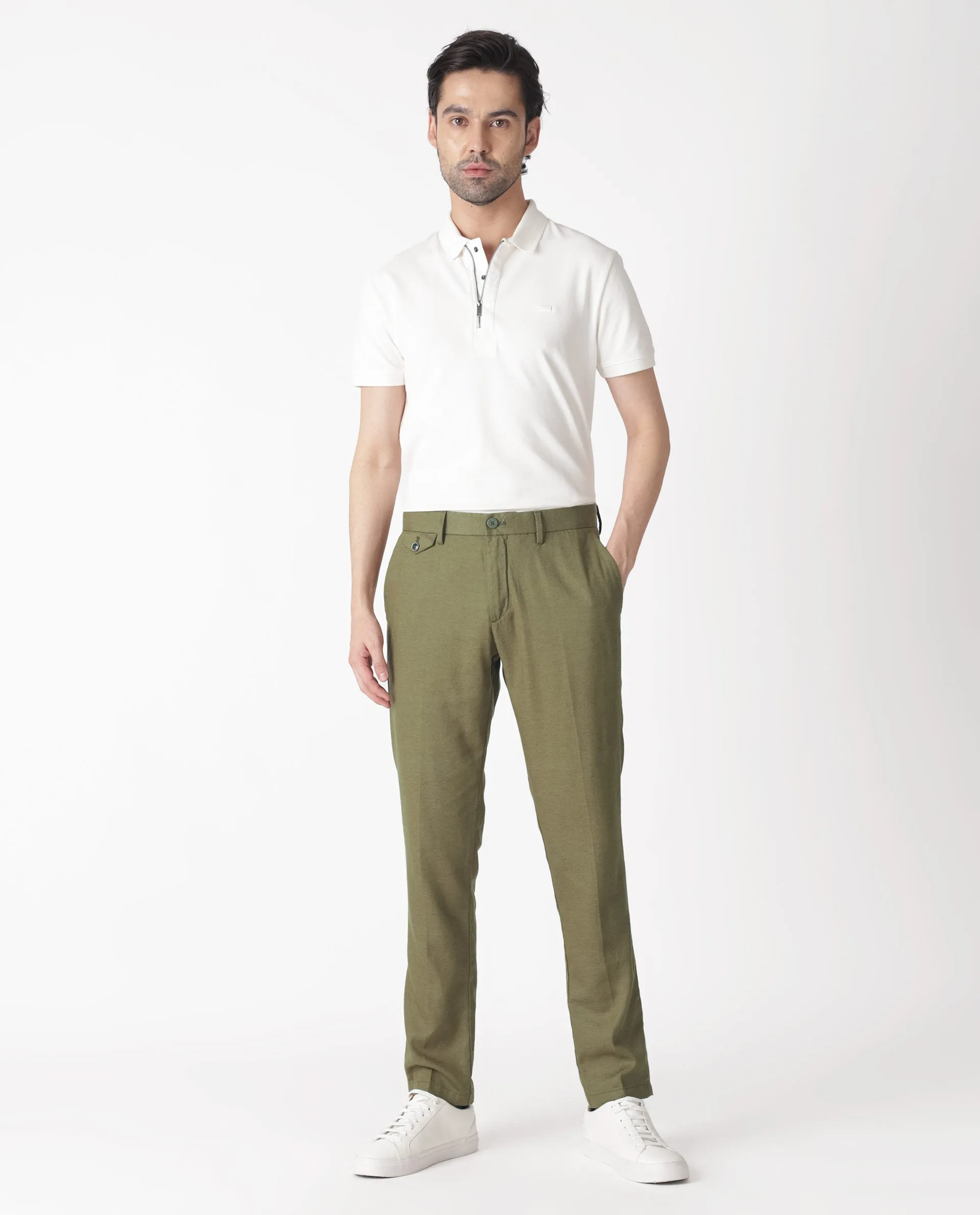 Rare Rabbit Men's Cameos Olive Solid Mid-Rise Regular Fit Trouser