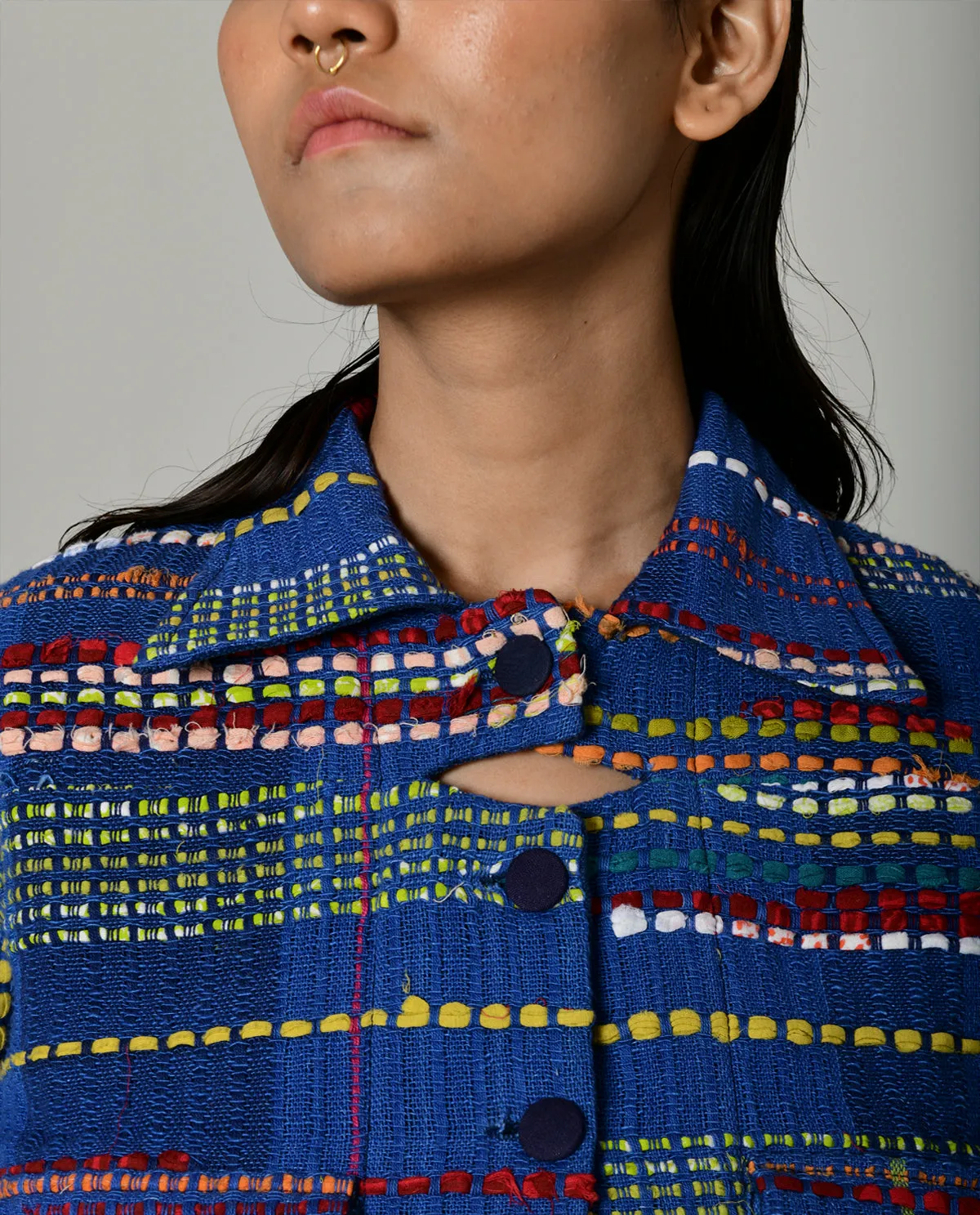 Recycled Blue Multi Colored Cropped Cotton Jacket