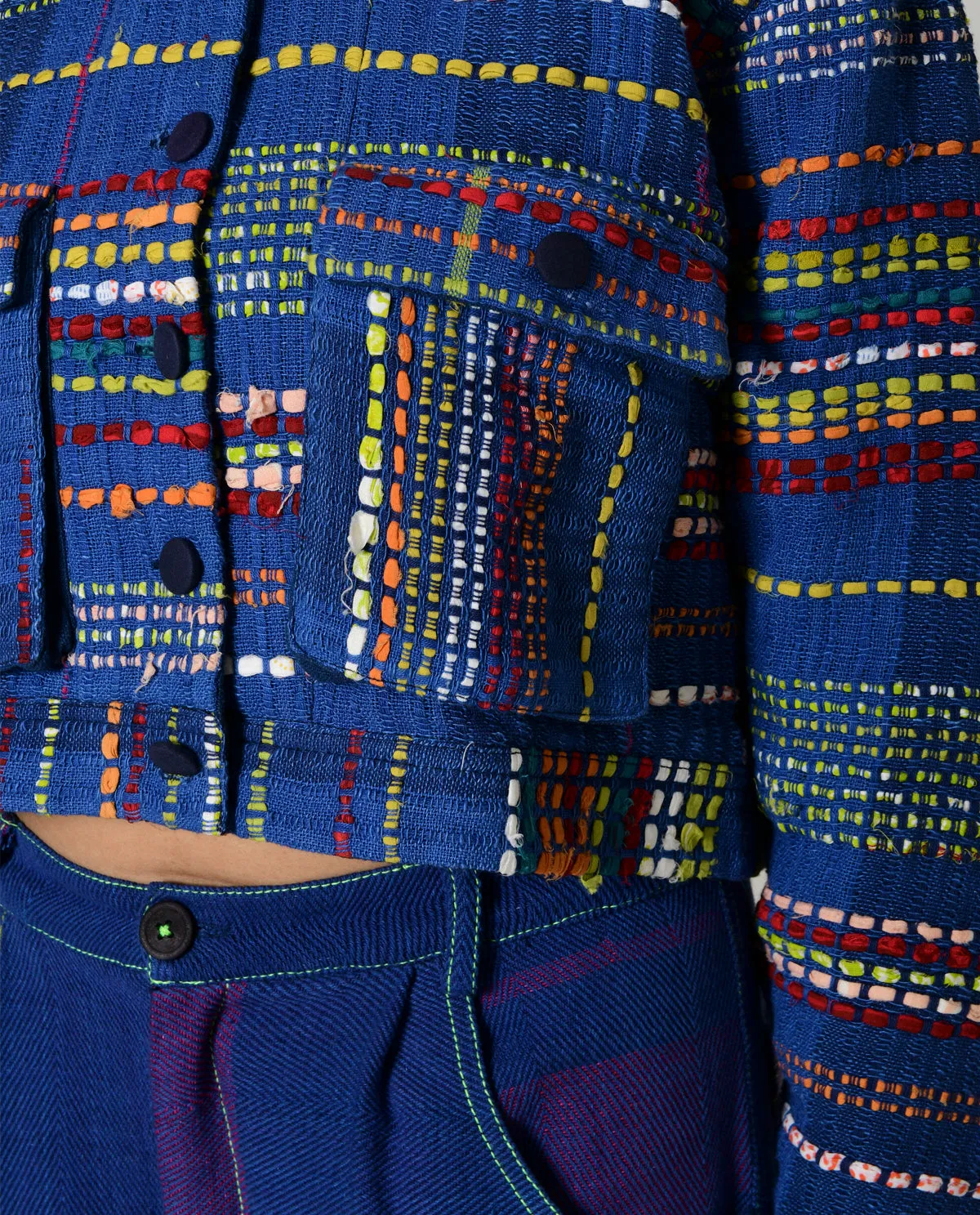 Recycled Blue Multi Colored Cropped Cotton Jacket