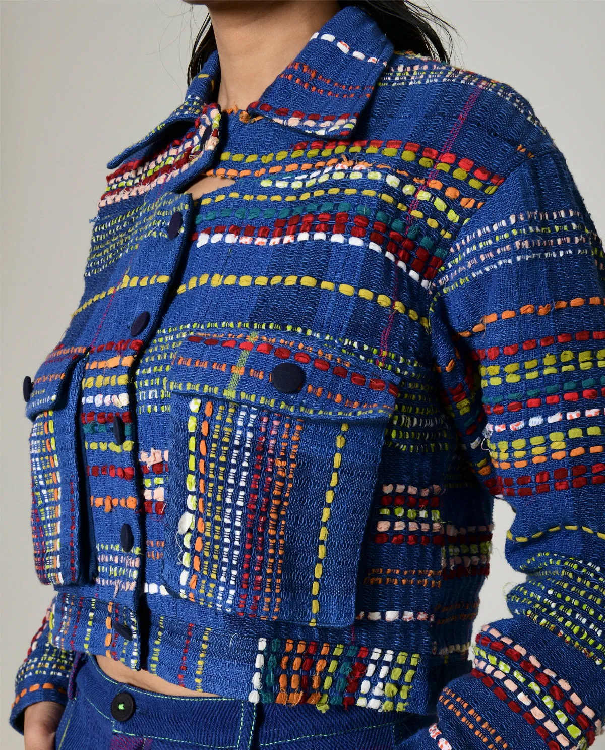 Recycled Blue Multi Colored Cropped Cotton Jacket