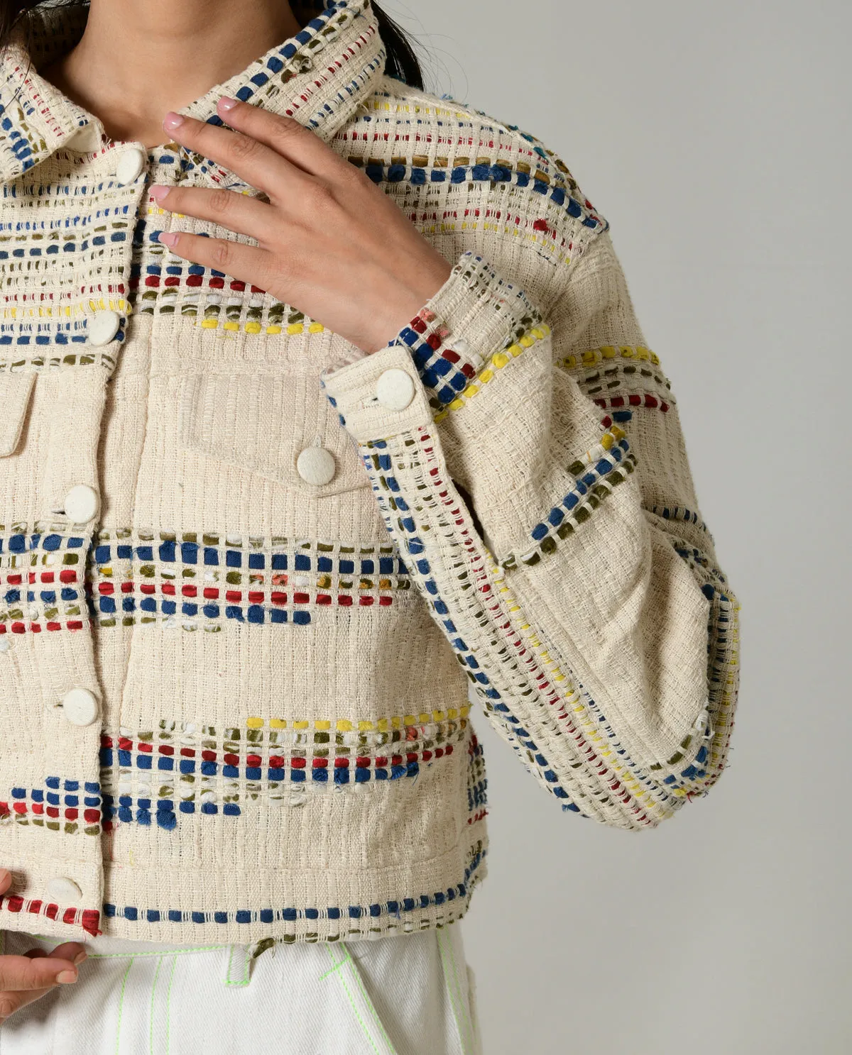 Recycled White Multi Colored Cropped Cotton Jacket