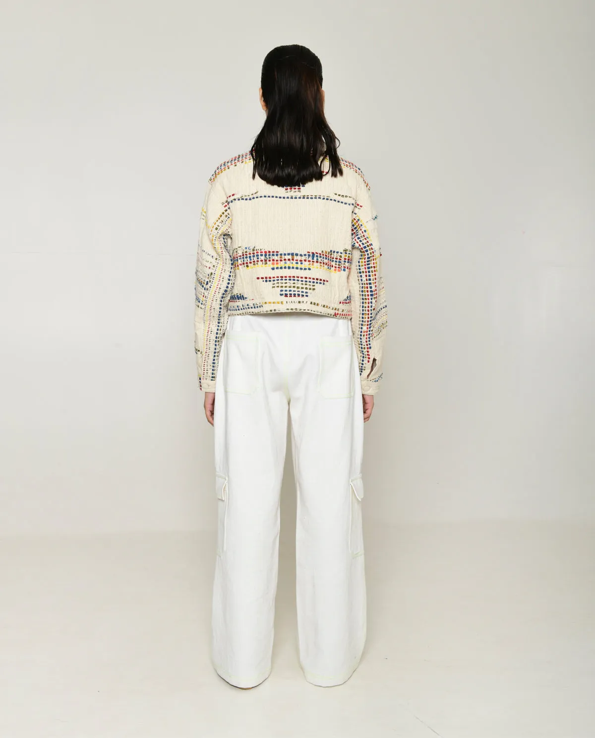 Recycled White Multi Colored Cropped Cotton Jacket