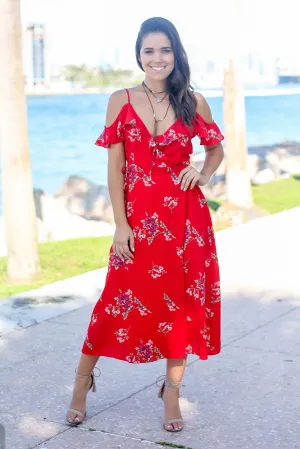 Red Floral Wrap Dress