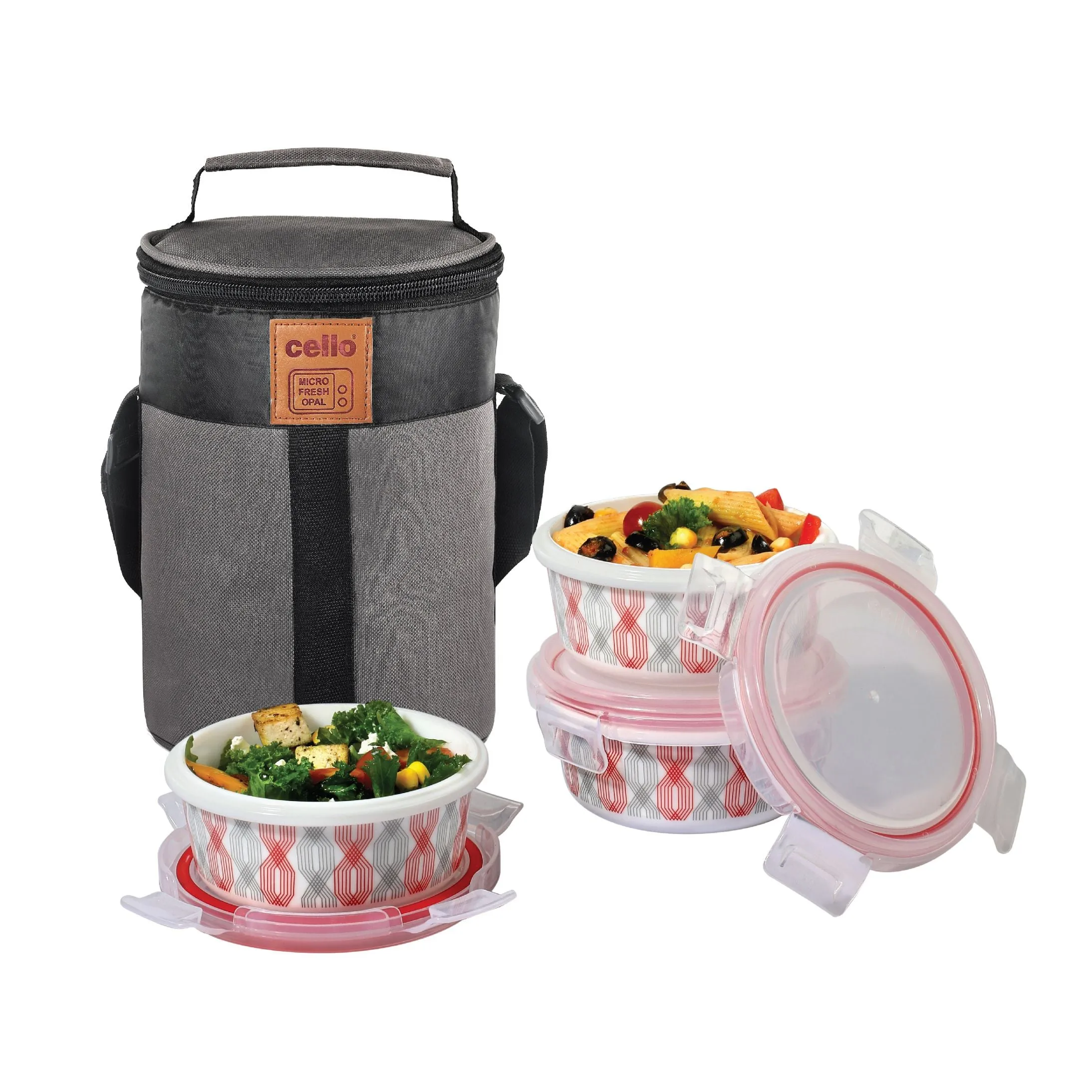 Red Trellis Opalware Lunch Box with Jacket