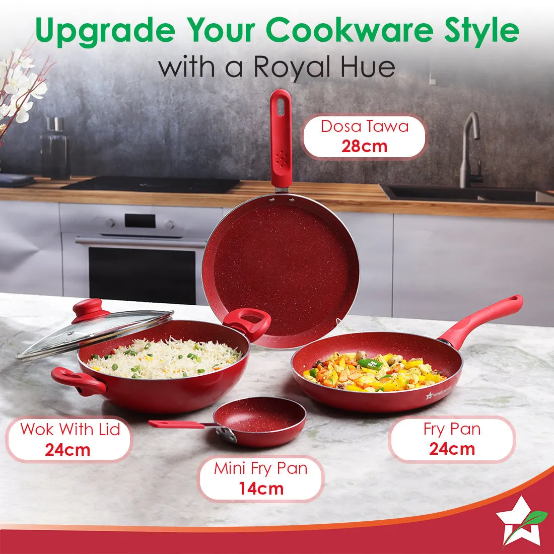 Royal Velvet Non-stick Cookware Set, 5Pc (Fry Pan with Lid, Wok, Dosa Tawa, Mini Fry Pan) Induction bottom, Soft-touch handles, Virgin Grade Aluminium, PFOA/Heavy Metals Free, 3 mm, 2 Years Warranty, Red