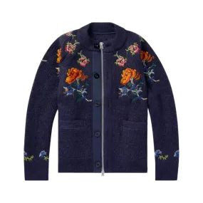 SACAI Embroidered Ribbed Mohair-Blend Zip-Up Cardigan - NAVY (22-02844M)