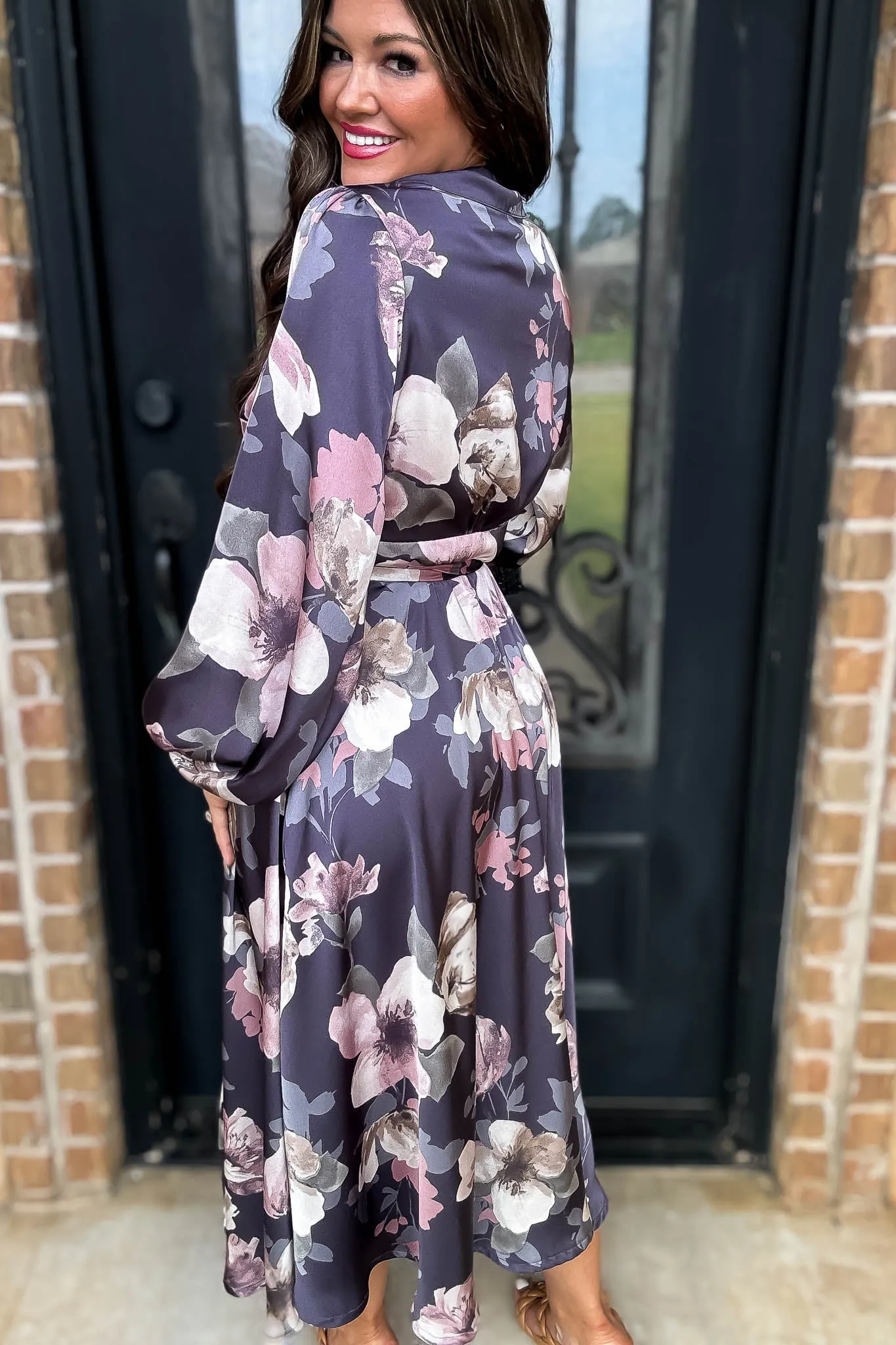 Satin Blue Floral Long Sleeve V-Neck Wrap Maxi Dress