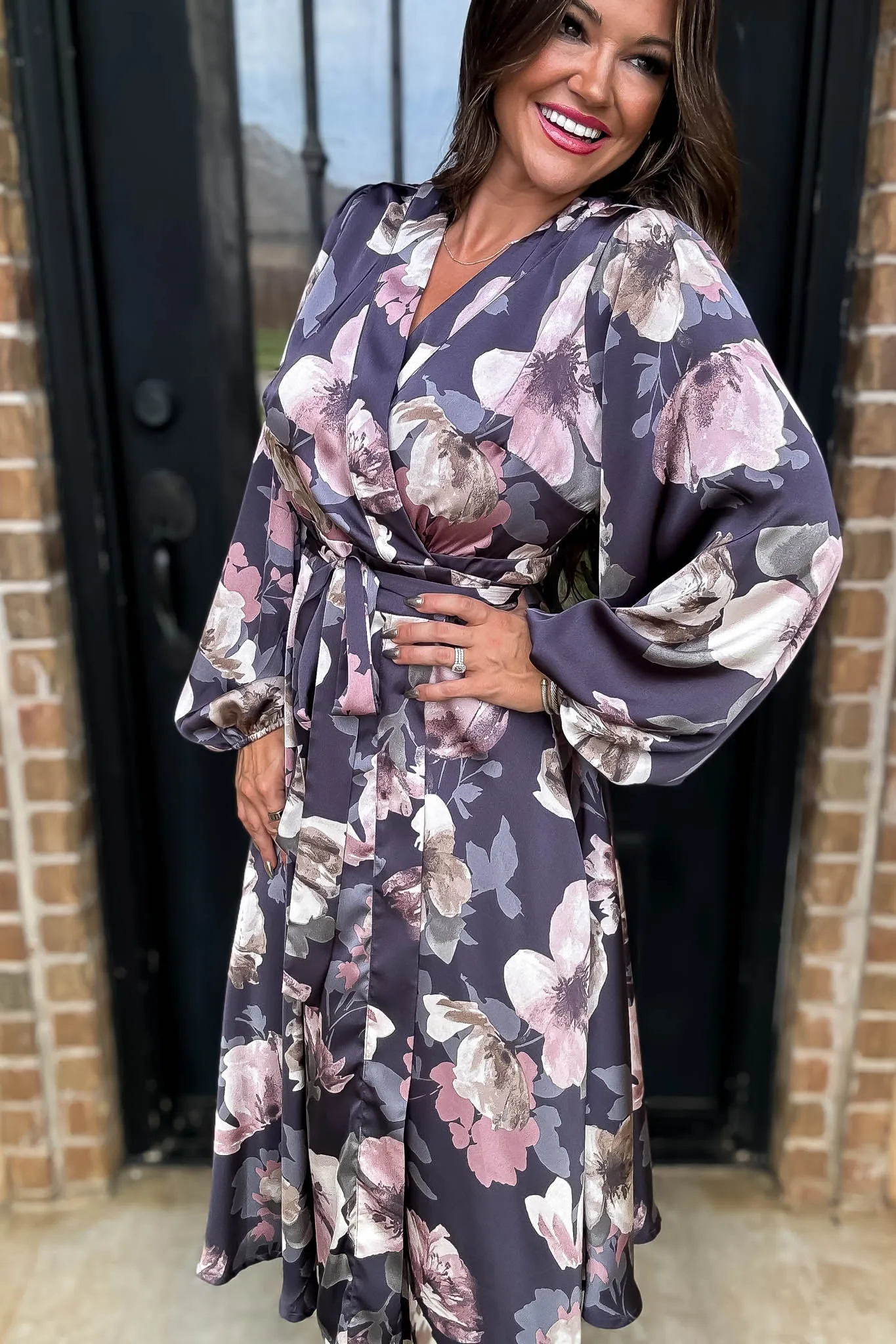 Satin Blue Floral Long Sleeve V-Neck Wrap Maxi Dress