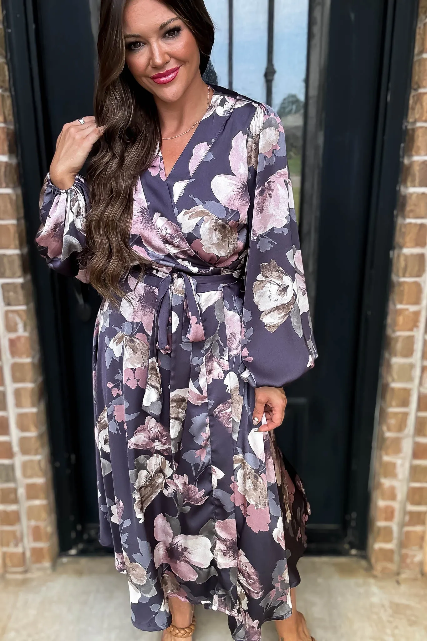 Satin Blue Floral Long Sleeve V-Neck Wrap Maxi Dress