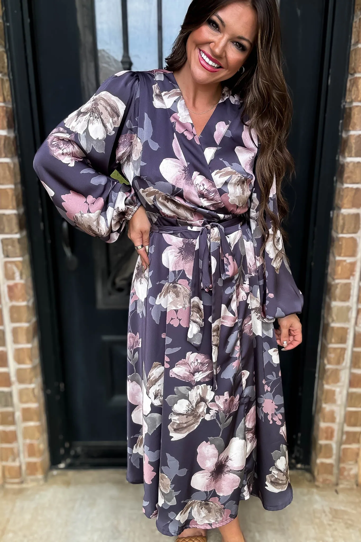 Satin Blue Floral Long Sleeve V-Neck Wrap Maxi Dress