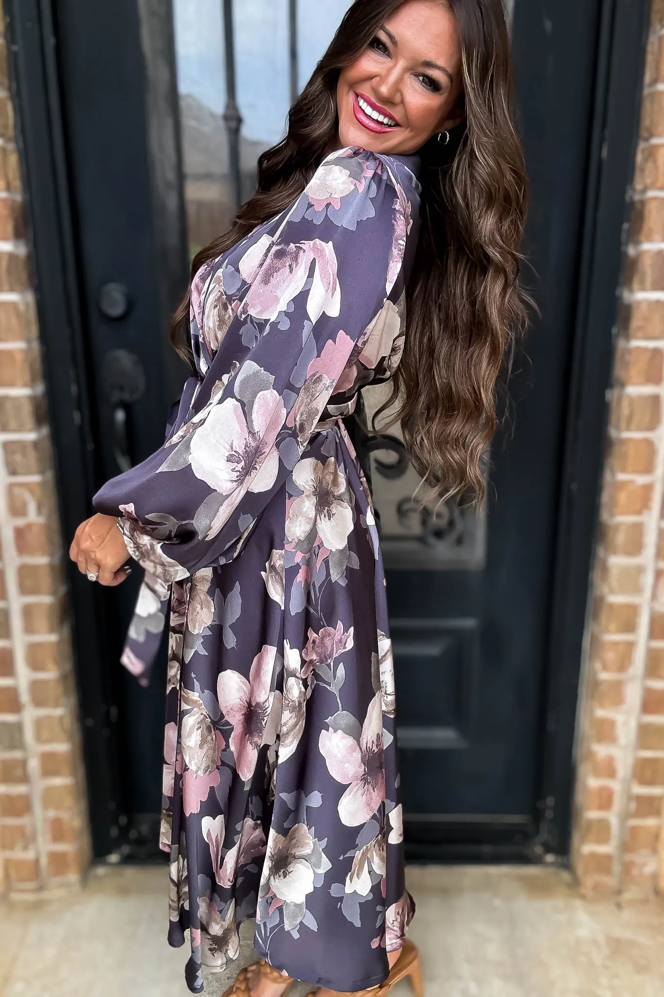 Satin Blue Floral Long Sleeve V-Neck Wrap Maxi Dress