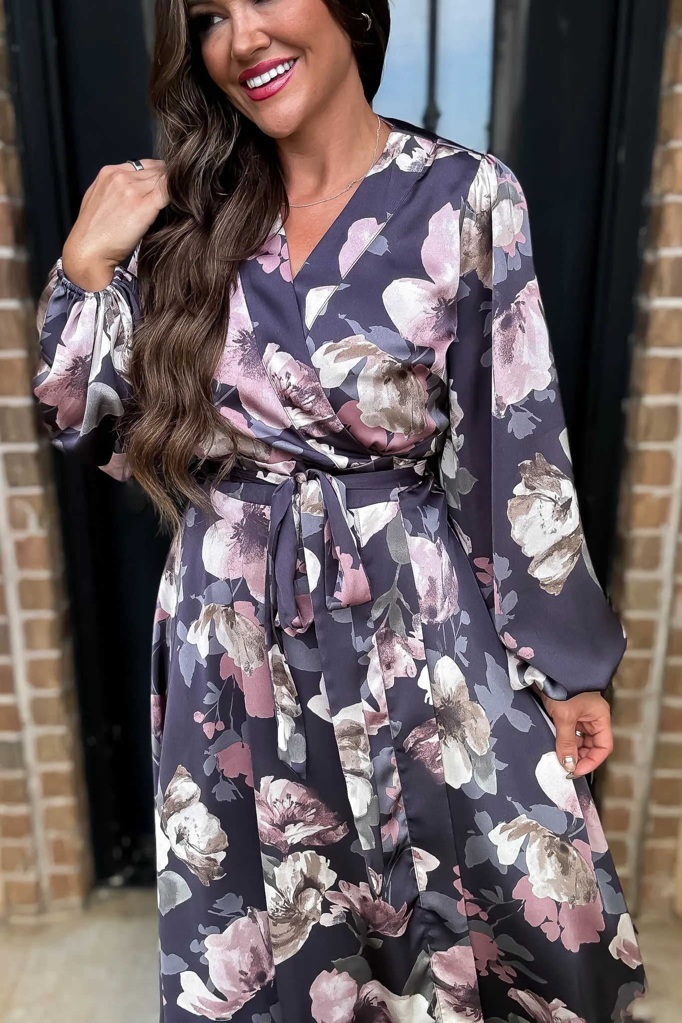 Satin Blue Floral Long Sleeve V-Neck Wrap Maxi Dress