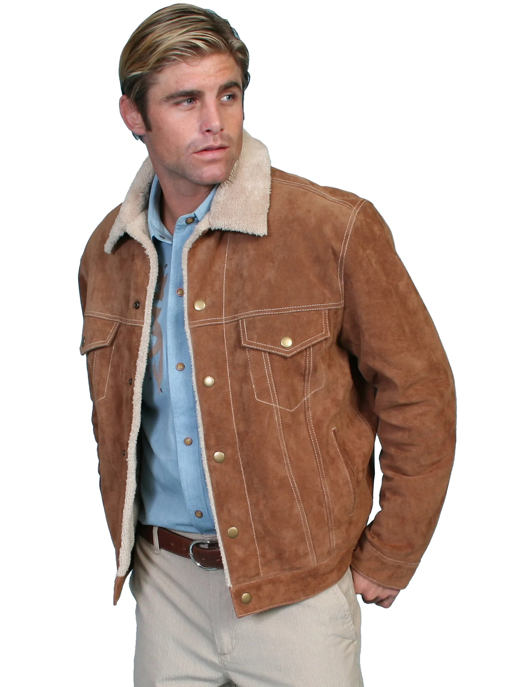 Scully Leather Mens Boar Suede Sherpa Fleece Jean Jacket Cafe Brown