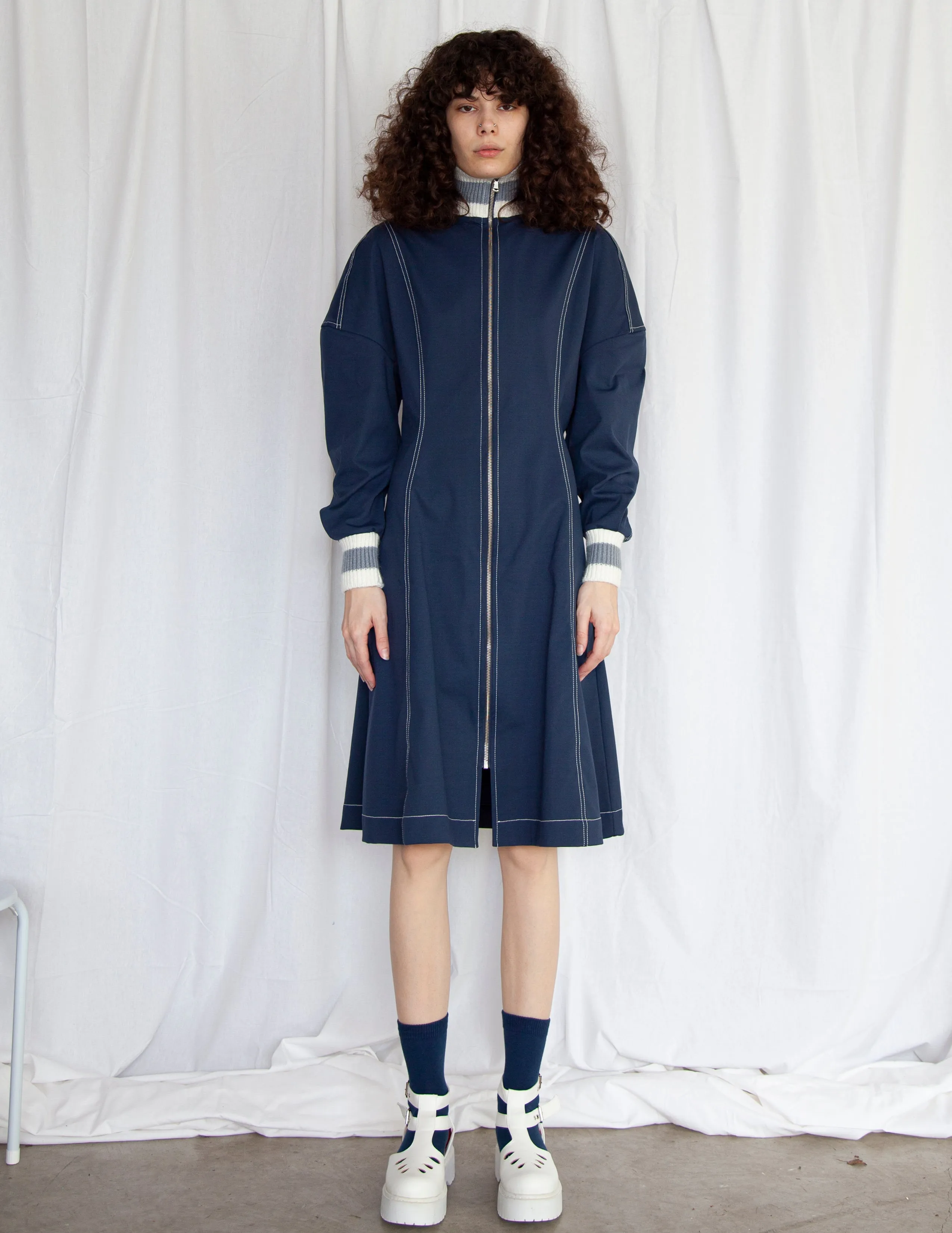 Slouchy Track Coat Dress in Navy Ponte