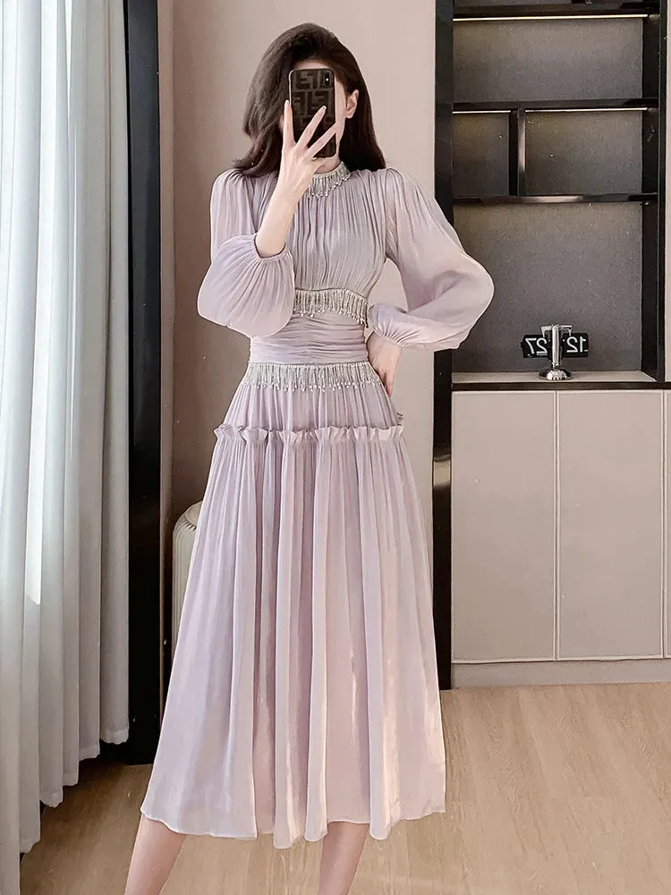 Solid Patchwork Tassel Dresses For Women Stand Collar Lantern Sleeve High Waist Spliced Folds Elegant Dress Female