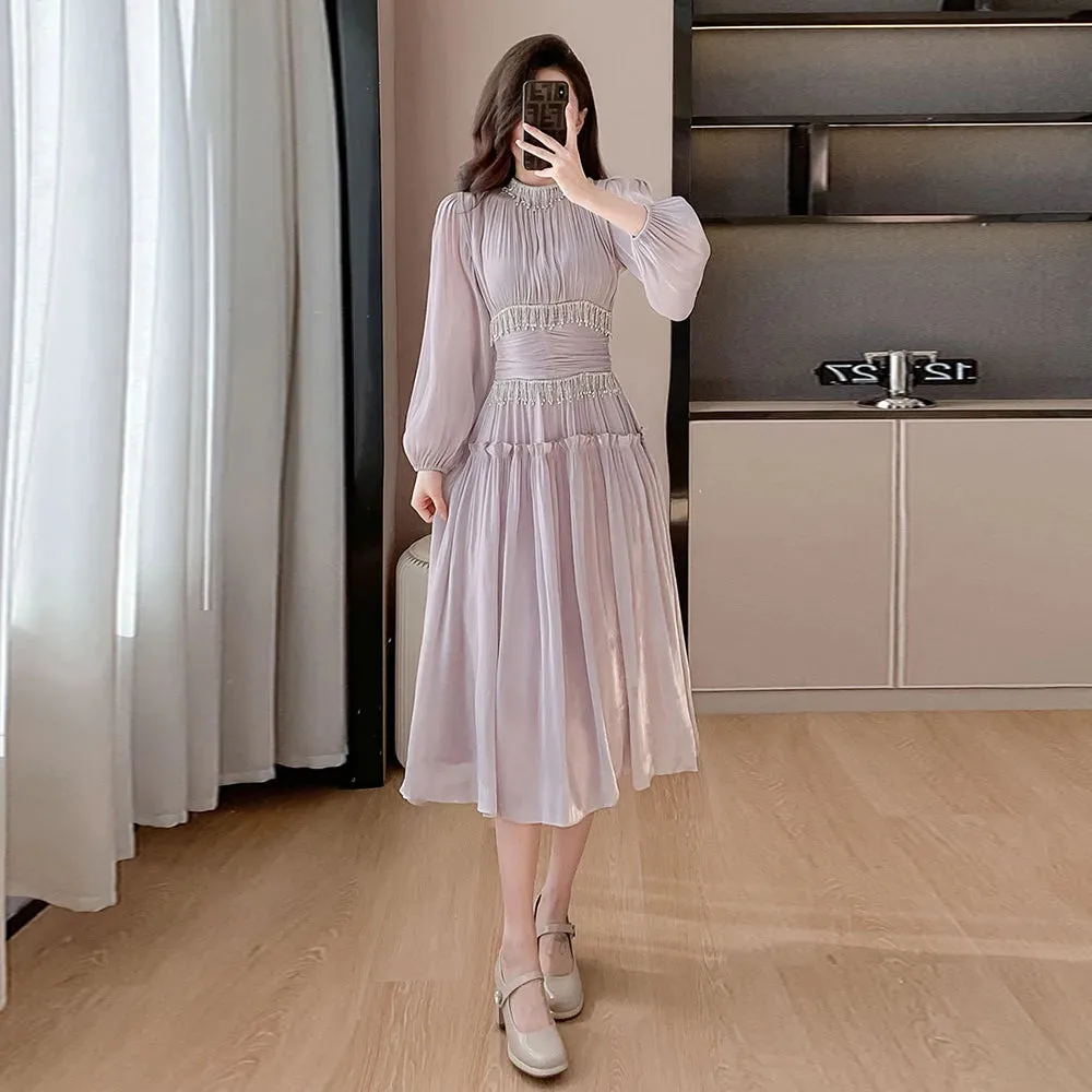 Solid Patchwork Tassel Dresses For Women Stand Collar Lantern Sleeve High Waist Spliced Folds Elegant Dress Female