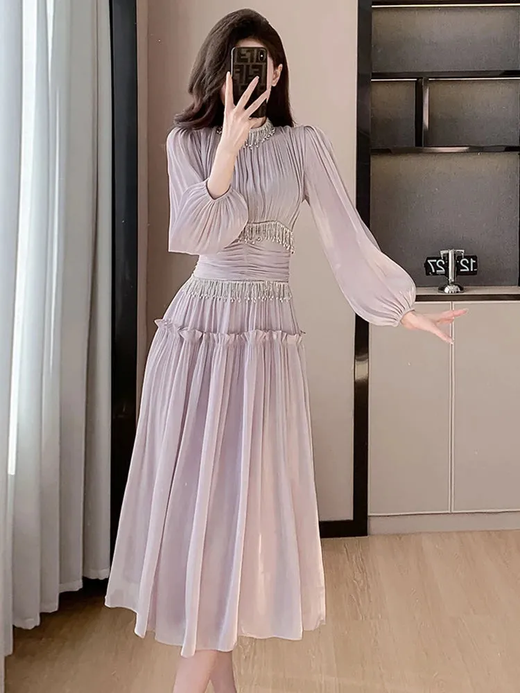 Solid Patchwork Tassel Dresses For Women Stand Collar Lantern Sleeve High Waist Spliced Folds Elegant Dress Female