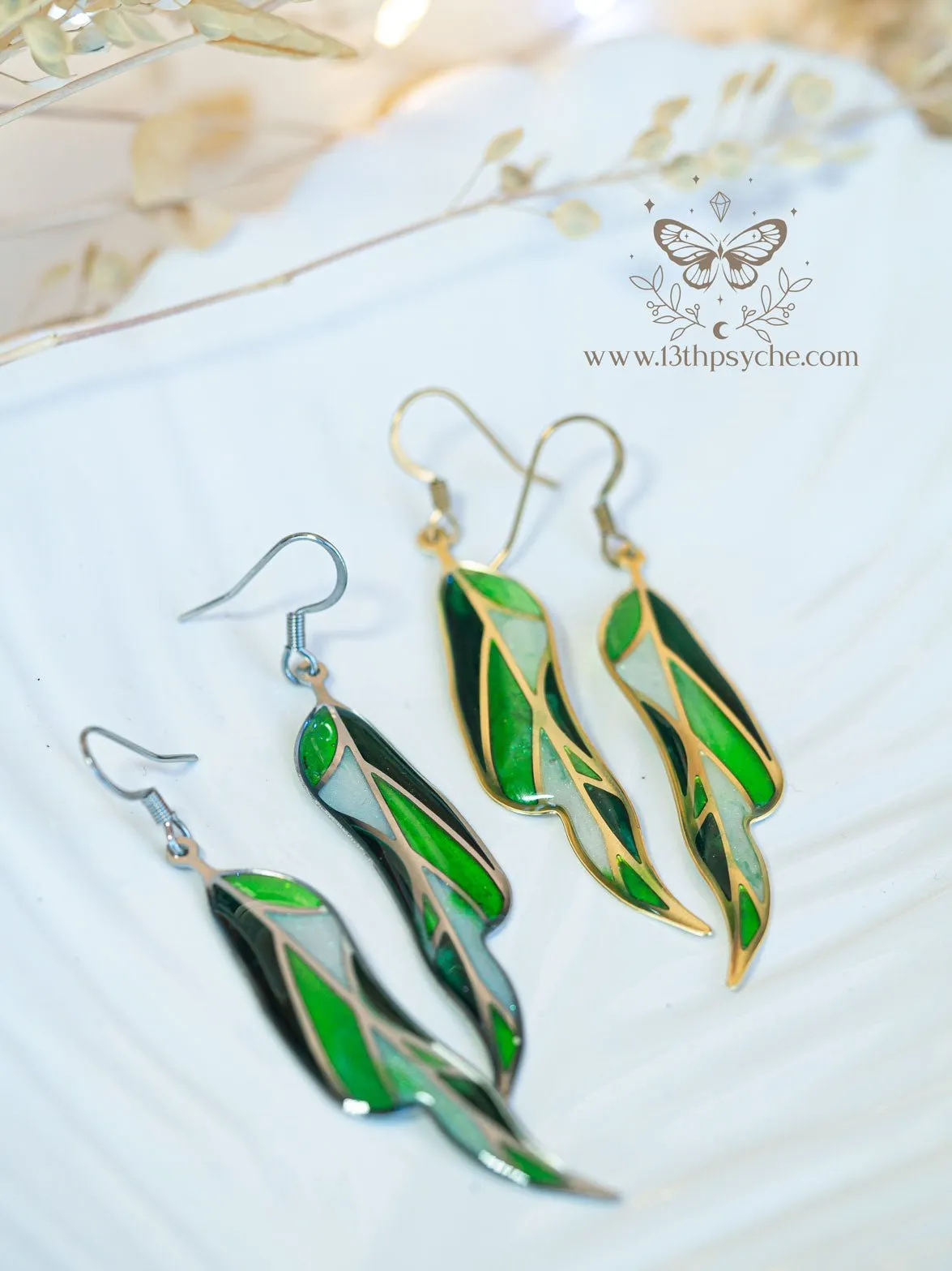 Stained glass inspired leaf earrings, Summer version