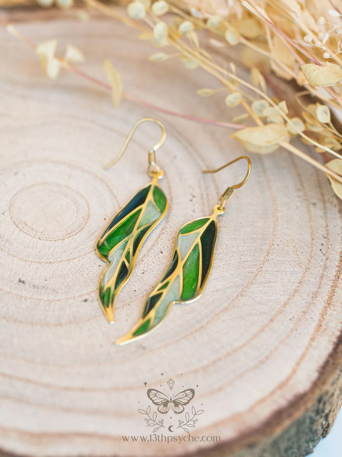 Stained glass inspired leaf earrings, Summer version