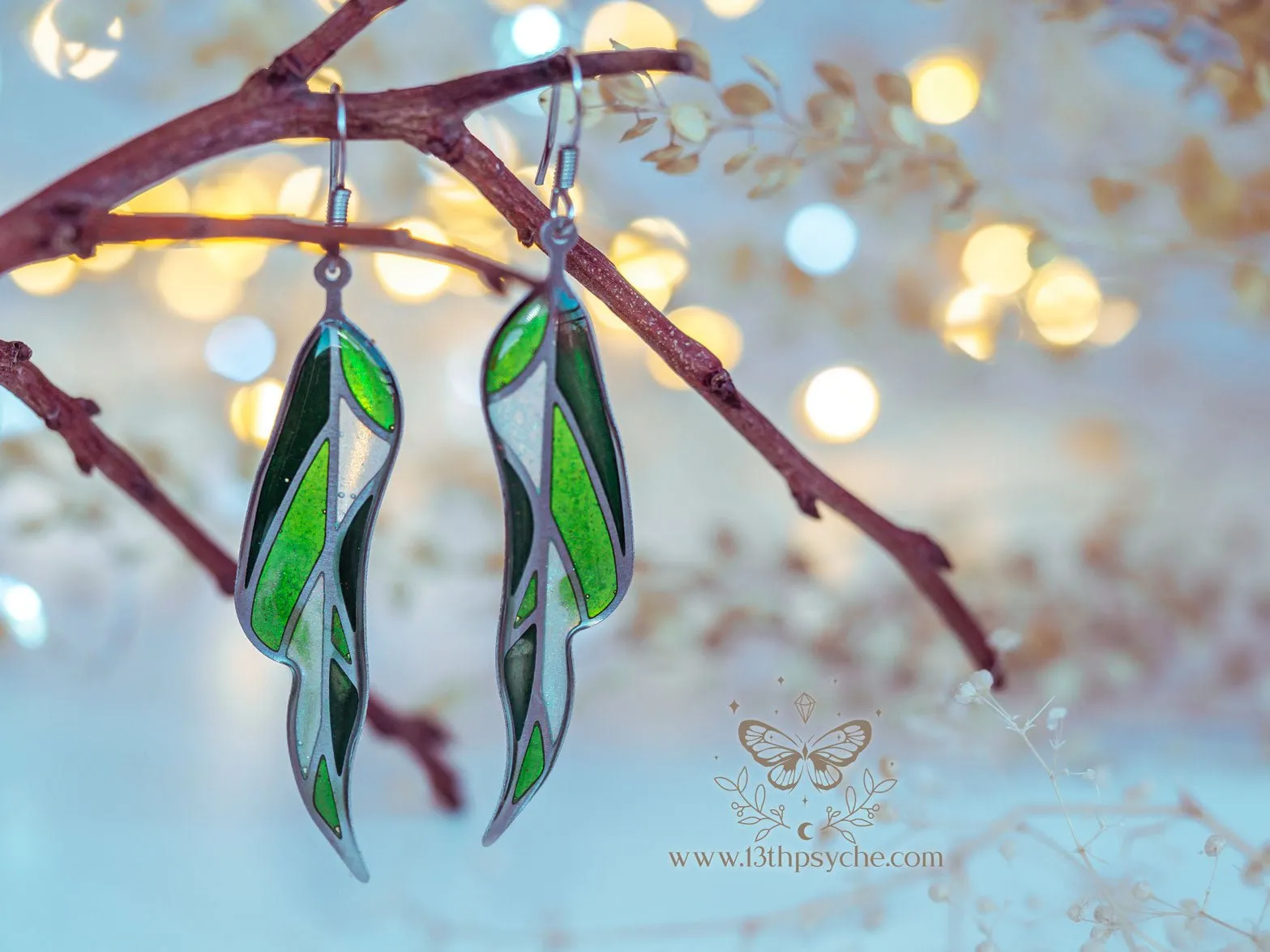 Stained glass inspired leaf earrings, Summer version