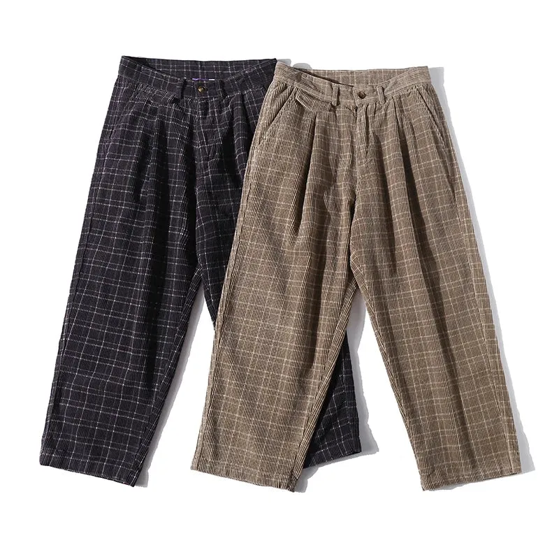 Streetwear Corduroy Checkered Trousers - Straight Casual Pants