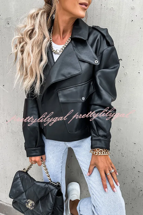 Stylish Leather Lapel Pocket British Style Cropped Jacket