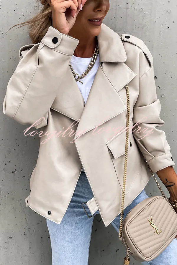 Stylish Leather Lapel Pocket British Style Cropped Jacket