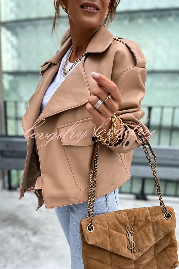 Stylish Leather Lapel Pocket British Style Cropped Jacket