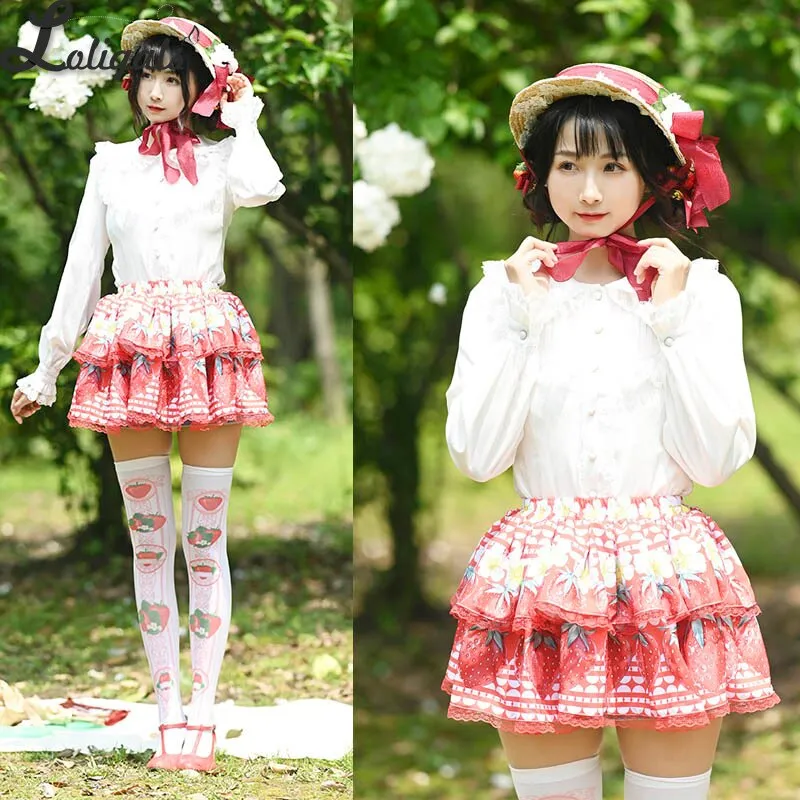 Sweet Layered Mini Skirt Mori Girl Strawberry & Flower Printed A line Lolita Skirt