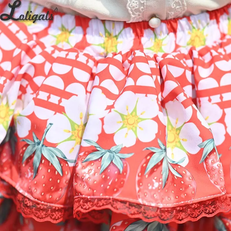 Sweet Layered Mini Skirt Mori Girl Strawberry & Flower Printed A line Lolita Skirt