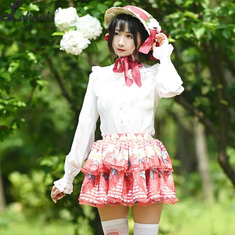 Sweet Layered Mini Skirt Mori Girl Strawberry & Flower Printed A line Lolita Skirt