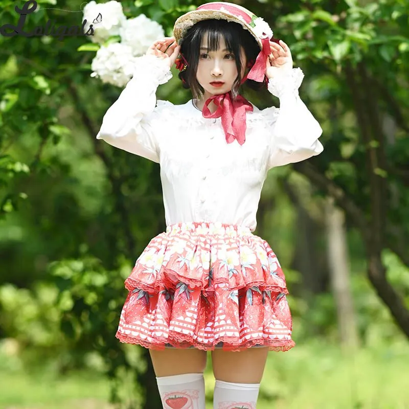 Sweet Layered Mini Skirt Mori Girl Strawberry & Flower Printed A line Lolita Skirt