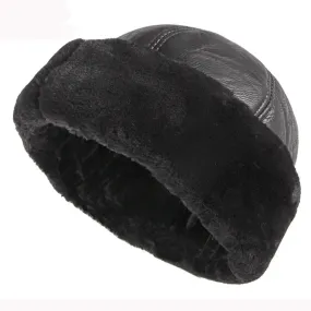 Thick Warm Winter Hat Men Black Fur Leather Russian Bomber Hat Male Windproof Snow Ski Russian Cap Fleece Lined Dad Hat