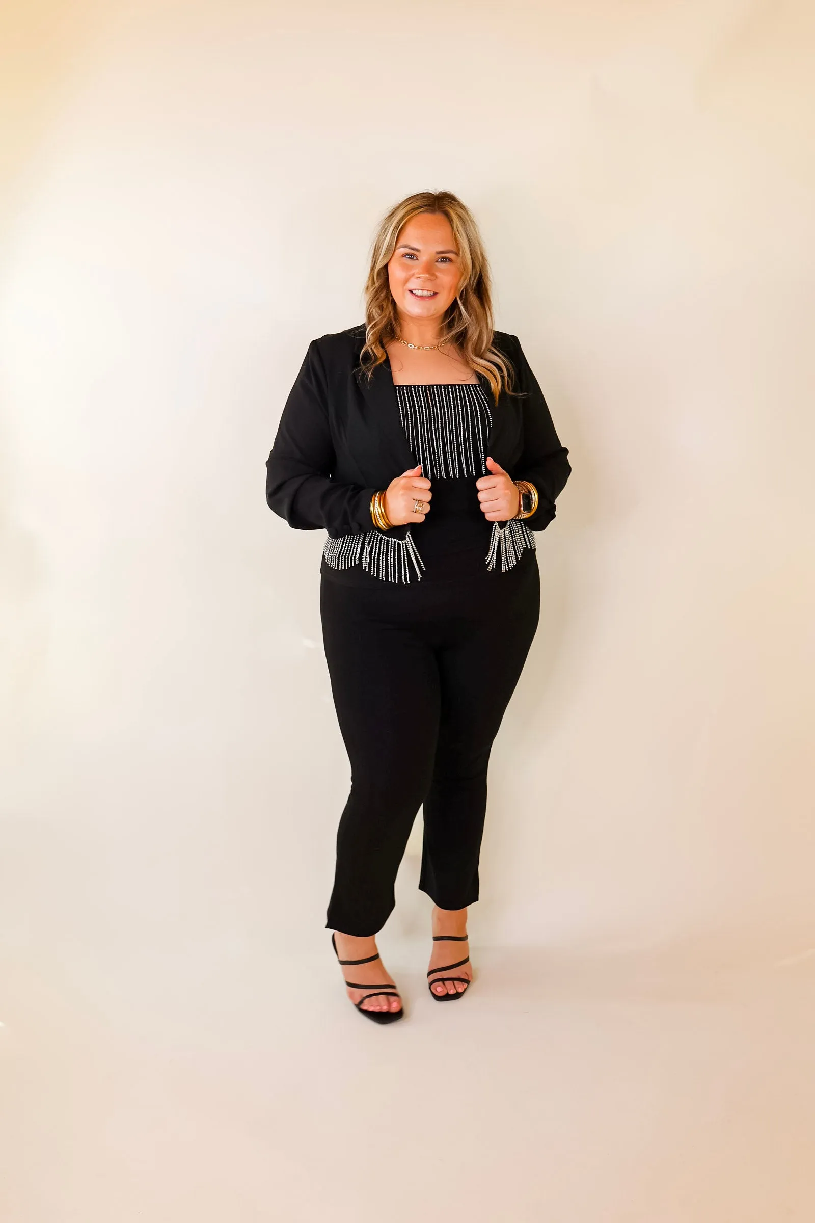 Time For Magic Cropped Blazer with Crystal Fringe Trim in Black