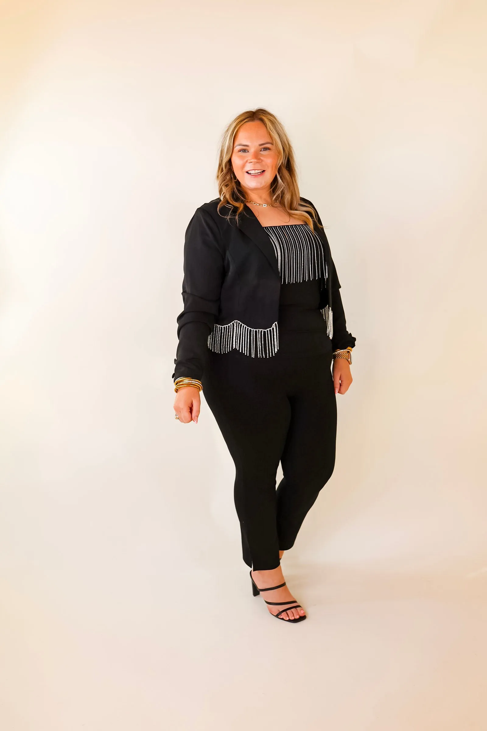 Time For Magic Cropped Blazer with Crystal Fringe Trim in Black