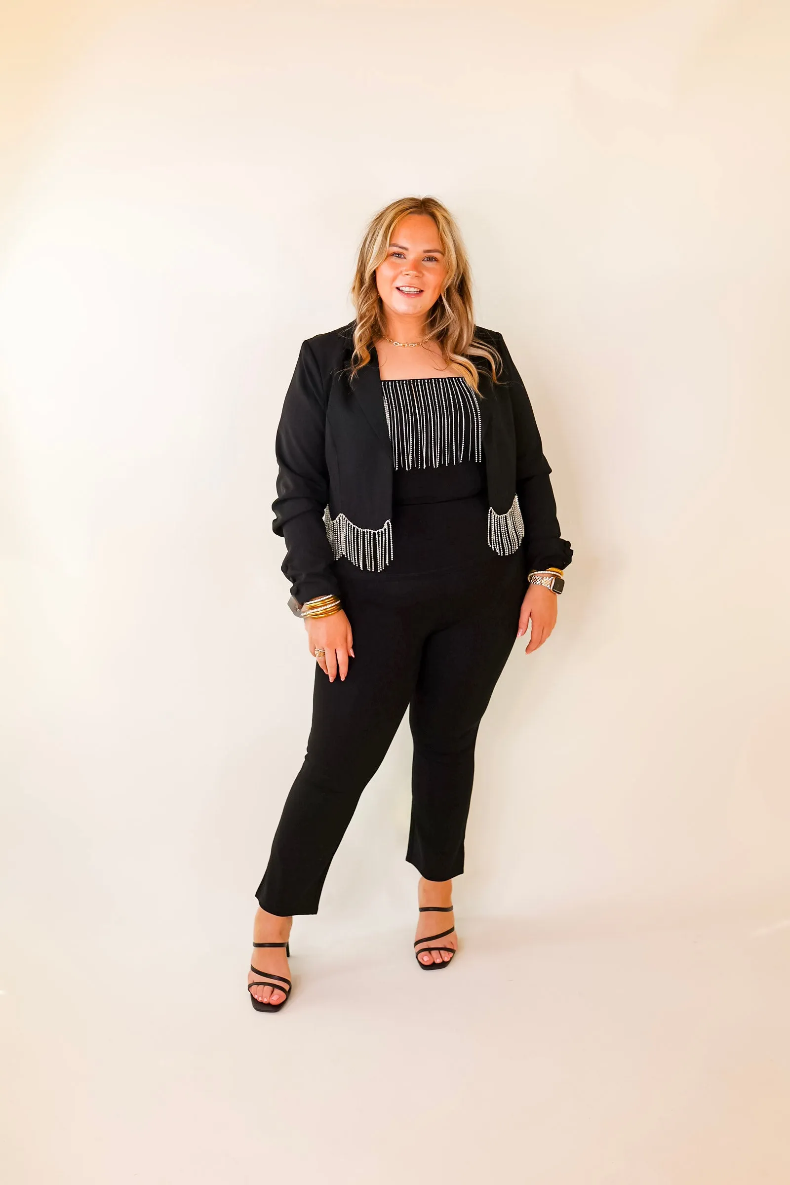 Time For Magic Cropped Blazer with Crystal Fringe Trim in Black