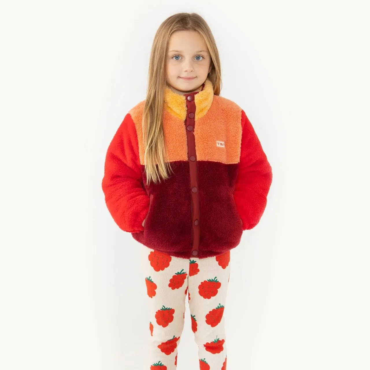 ﻿TINYCOTTONS - Color Block Polar Sherpa Jacket - Deep Red / Peach