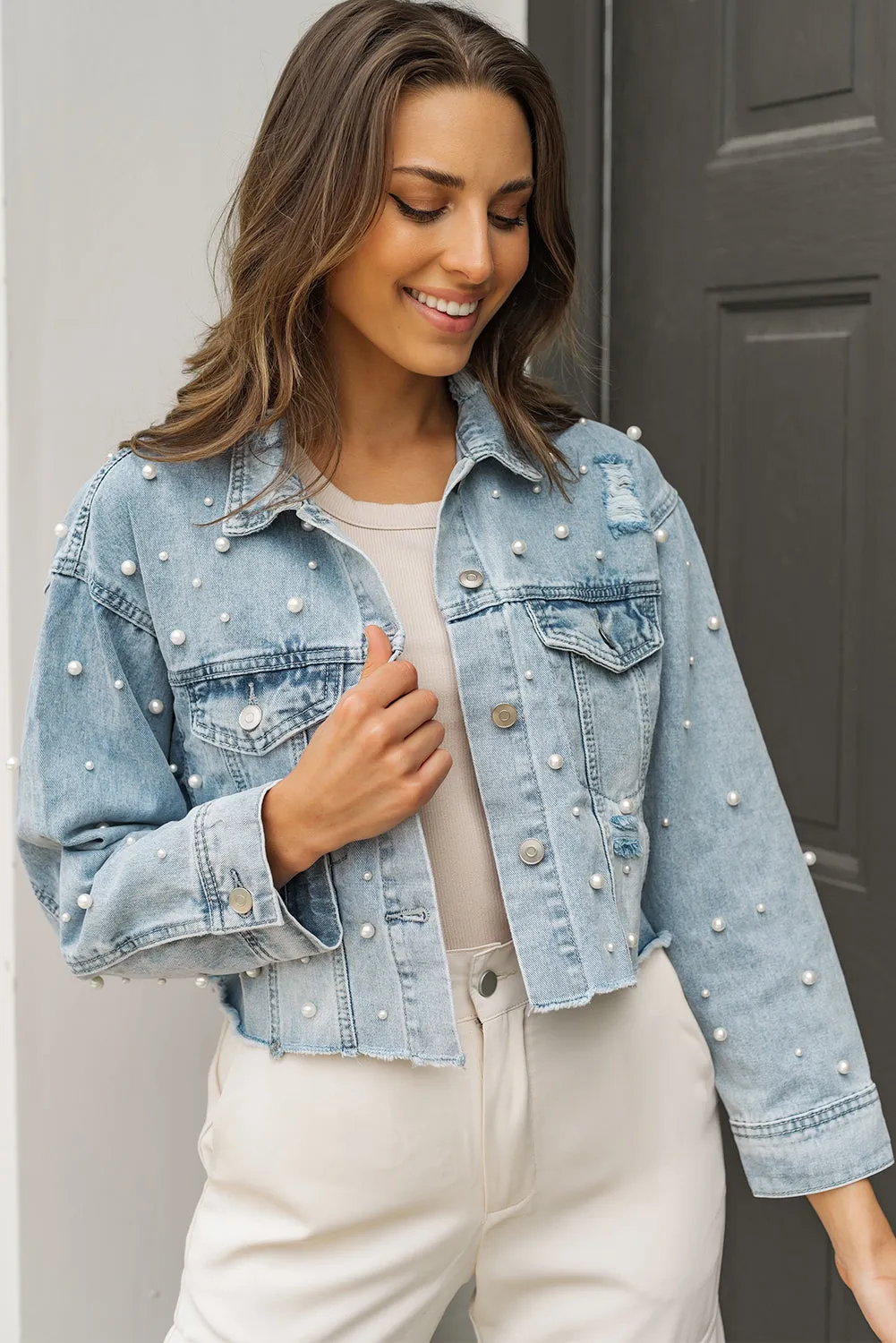 Wholesale Sky Blue Pearls Beading Cropped Denim Jacket